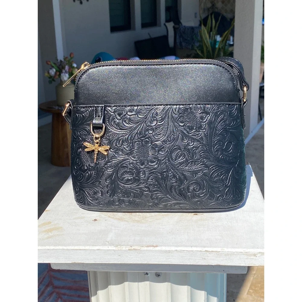 Black Floral Embossed Crossbody Dome Bag with Gold Dragonfly Charm New - Picture 1 of 12